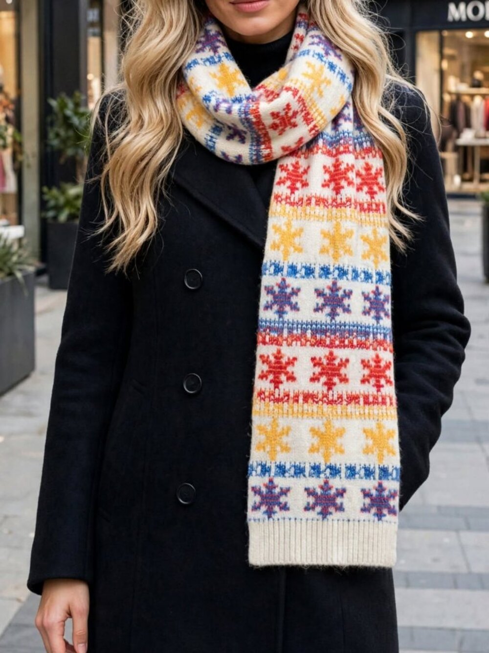 Nordic Fair Isle Snowflake Knit Scarf 72"x9" Multicolour